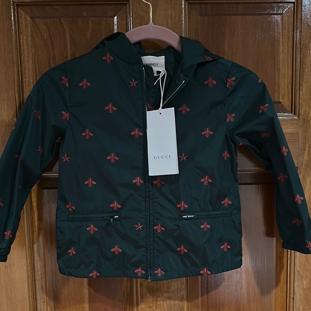 Gucci Kids Green Jacket with Red Bee Print
